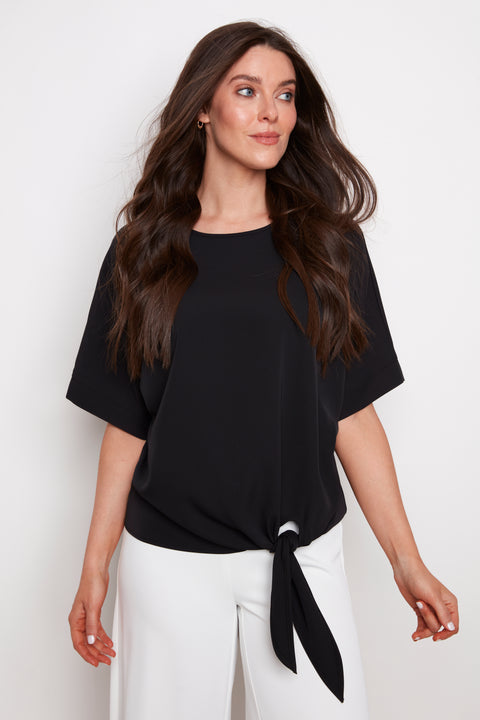 Model wearing UP! Vegan Silk Tie Knot T-Shirt in Black, front view.