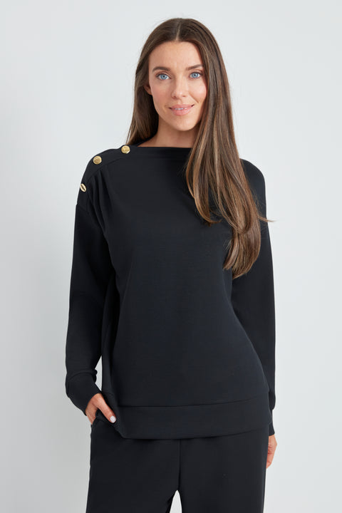 Front view of the Butter 3-Button Top in Black with gold button shoulder detail.