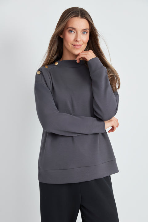 Woman wearing the Butter 3-Button Top in Slate, front view.