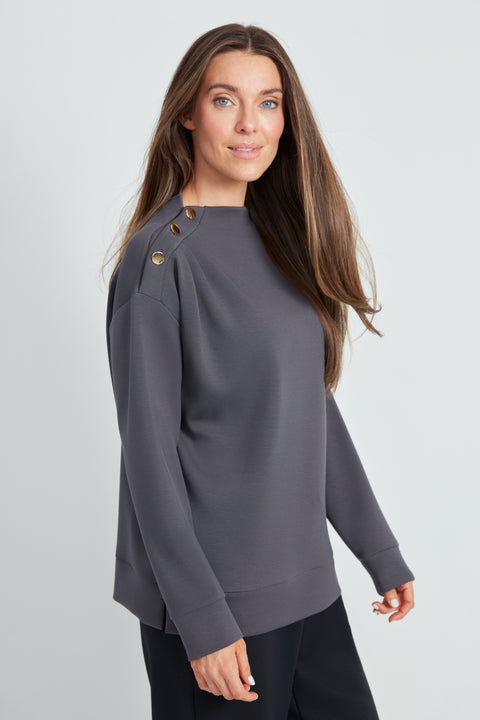 Side view of the Butter 3-Button Top in Slate.