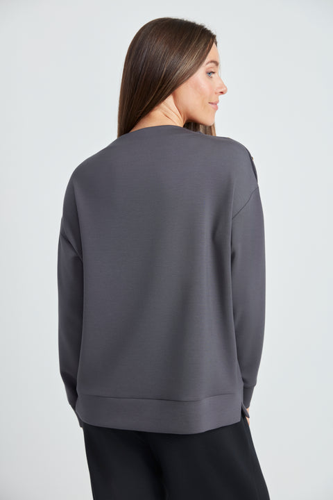 Back view of the Butter 3-Button Top in Slate.