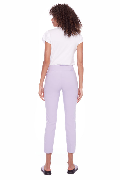 Back view of model wearing UP! Techno Core Petal-Slit Ankle Pant in Lilac.