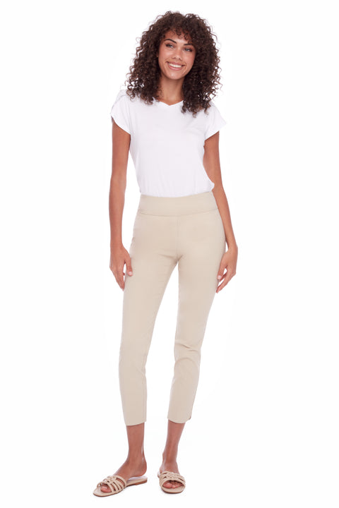 Model wearing UP! Techno Core Petal-Slit Ankle Pant in Sand, front view.