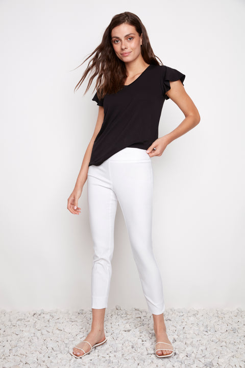 Model wearing UP! Techno Core Petal-Slit Ankle Pant in White, front view.