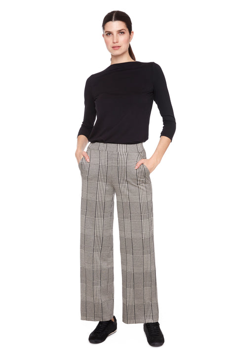 Women's Beige Plaid Knit Wide-Leg Full-Length Pant front view