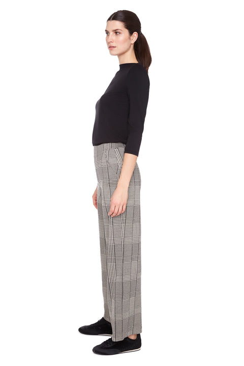 Women's Beige Plaid Knit Wide-Leg Full-Length Pant side view