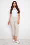 Model wearing UP! Linen Effect Techno Cropped Front-Cuff Pant in Linen, front view.