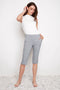Model wearing UP! Navy Stripe Techno Vented Bermuda Short in Navy/White Stripe, front view.