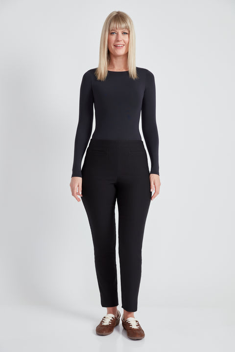 Woman wearing the Armani Petal-Vent Slim Pocket Pant in Black, front view.