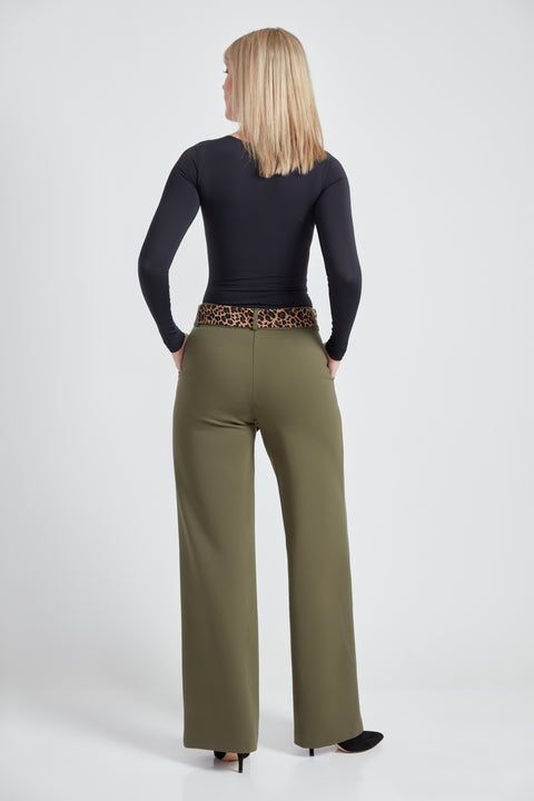 Woman wearing the Ponte Tie-Sash Wide Leg Pant in Olive, back view.