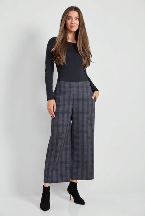 Woman wearing Ponte Ramsey plaid cropped gaucho wide-leg pants, front view