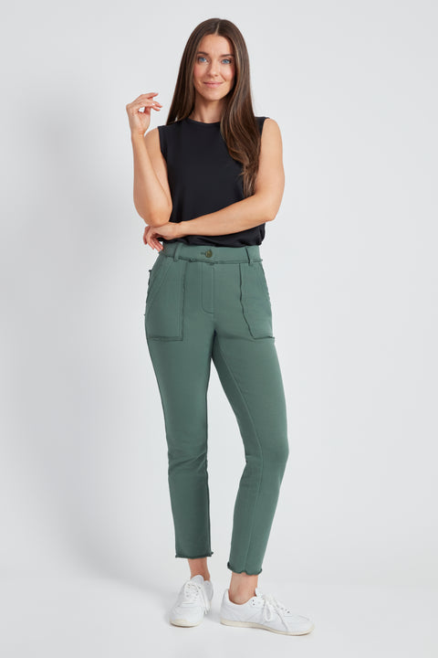 Woman wearing the French Terry Raw Edge Slim Cargo Pant in Ivy Green.