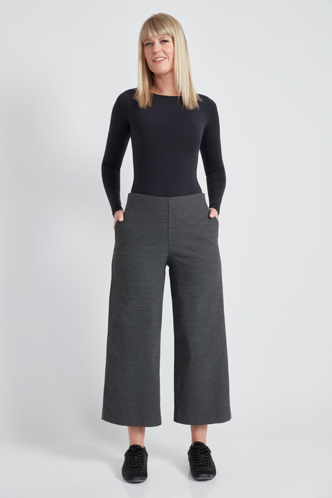 Woman wearing the Armani Rye Plaid Gaucho cropped wide-leg pant