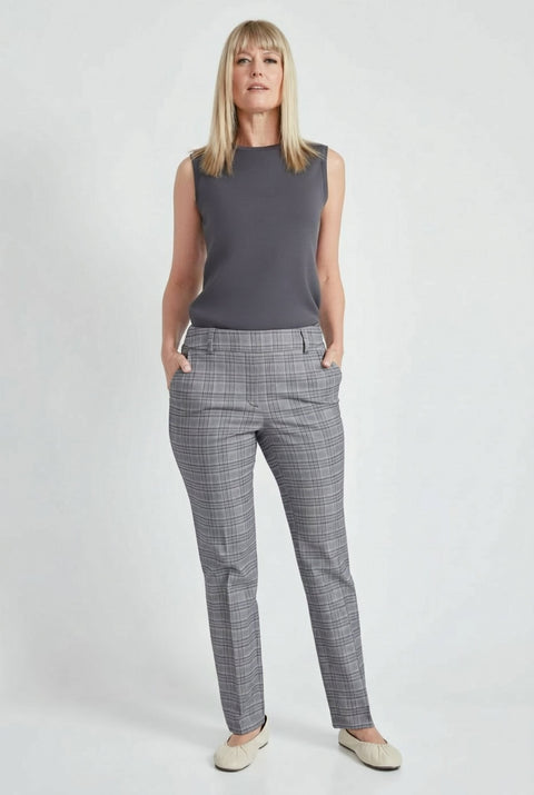 Woman wearing Armani Camden straight-leg plaid pants in grey plaid, front view