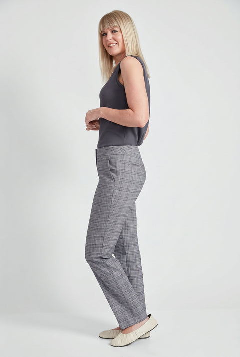 Woman wearing Armani Camden straight-leg plaid pants in grey plaid, side view