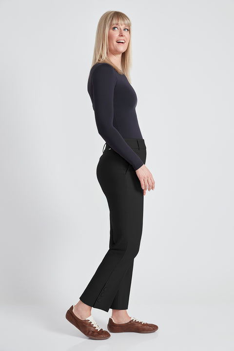 Side view of the Armani Straight-Leg Buttoned Vented Ankle Pant in Black.