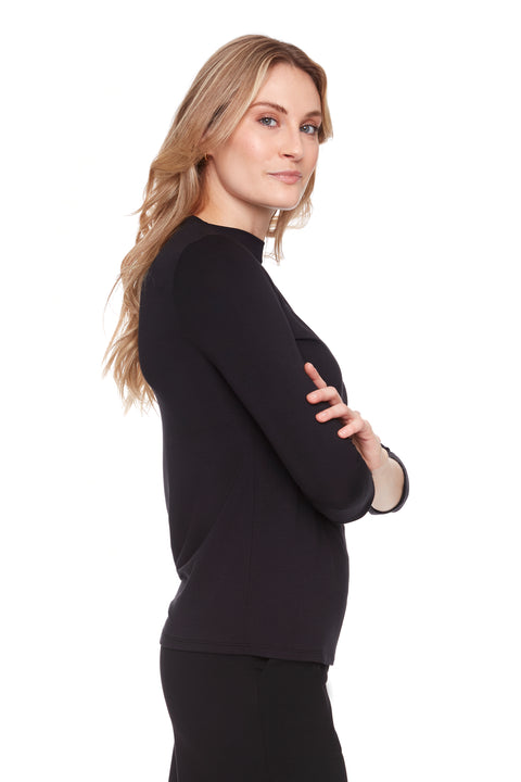 UP! PANTS 30470 Black Provence Midi Sleeve Top – slim fit, high neckline, and mid-length sleeves.