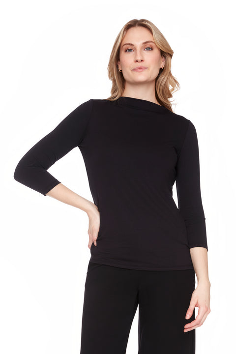 UP! PANTS 30470 Black Provence Midi Sleeve Top – slim fit, high neckline, and mid-length sleeves.