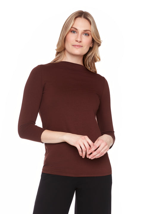 UP! PANTS 30470 Brown Provence Midi Sleeve Top – slim fit, high neckline, and mid-length sleeves.