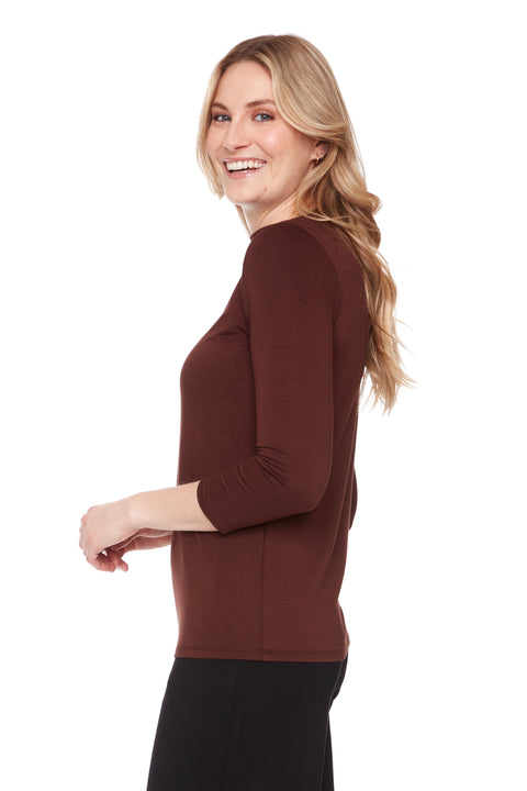 UP! PANTS 30470 Brown Provence Midi Sleeve Top – slim fit, high neckline, and mid-length sleeves.
