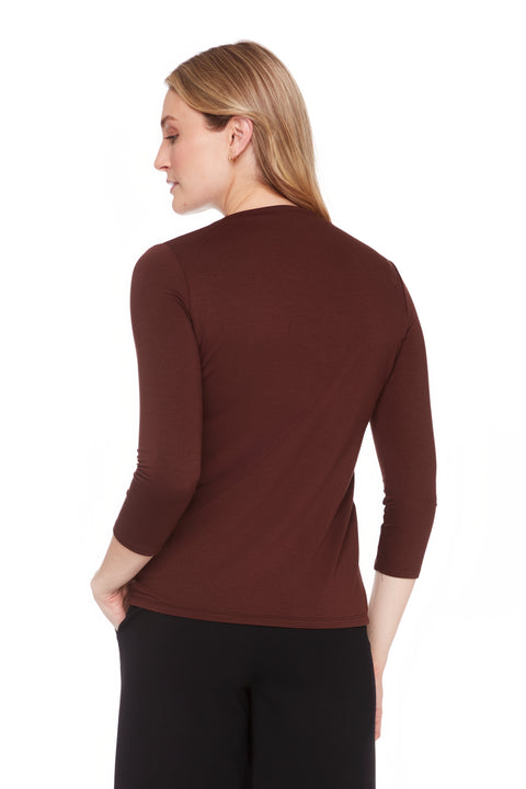 UP! PANTS 30470 Brown Provence Midi Sleeve Top – slim fit, high neckline, and mid-length sleeves.