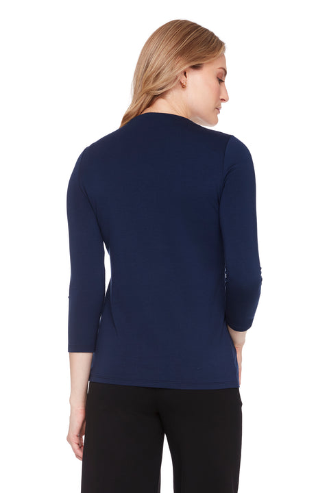 UP! PANTS 30470 Harbor Provence Midi Sleeve Top – slim fit, high neckline, and mid-length sleeves.