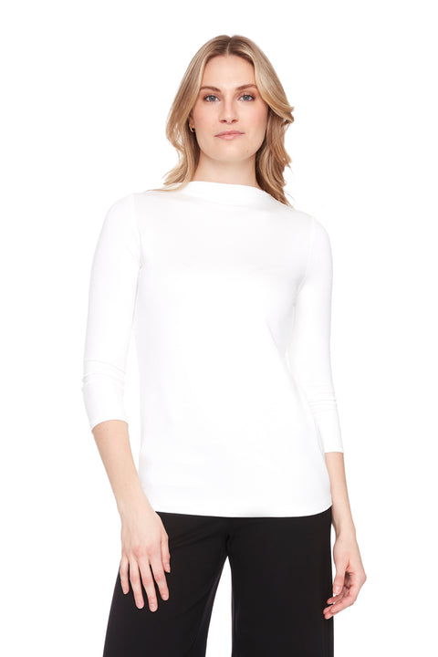 UP! PANTS 30470 White Provence Midi Sleeve Top – slim fit, high neckline, and mid-length sleeves.