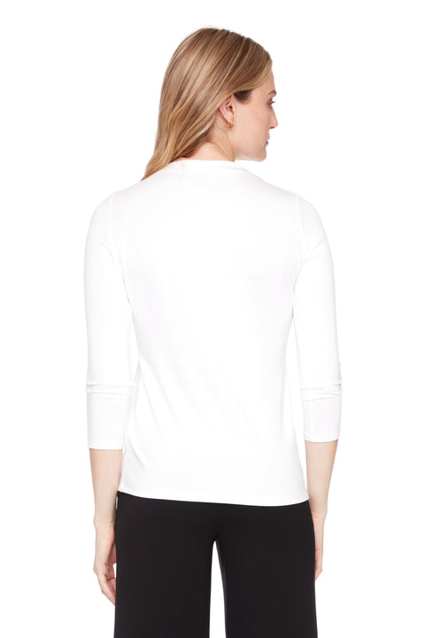 UP! PANTS 30470 White Provence Midi Sleeve Top – slim fit, high neckline, and mid-length sleeves.