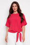 Model wearing UP! Vegan Silk Tie Knot T-Shirt in Dahlia, front view.