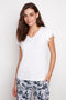 Model wearing UP! Provence V-Neck Ruffle Sleeve Top in White, front view.