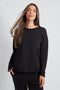 Woman wearing the French Terry Raw Edge Top in Black.
