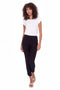 Model wearing UP! Techno Core Petal-Slit Ankle Pant in Black, front view.