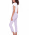 Side view of model wearing UP! Techno Core Petal-Slit Ankle Pant in Lilac with petal vent detail.