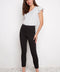 Model wearing UP! Textured Techno Petal-Slit Ankle Pant in Black Loom, front view.