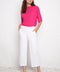 Model wearing UP! Textured Techno Wide Leg Crop Pant in White Loom, front view.