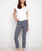 Model wearing UP! Coastal Techno Button-Vent Ankle Pant in Coastal print, front view.