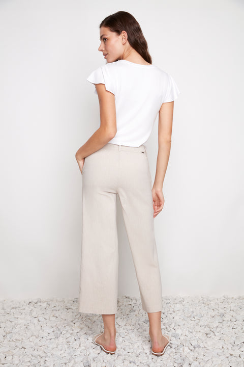 Back view of model wearing UP! Linen Effect Techno Wide Leg Crop Pant in Linen.