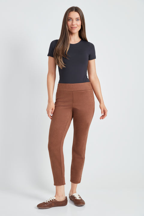 Woman wearing the Suede Petal-Vent Slim Pant in Tobacco.