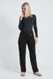 Woman wearing the Suede Straight-Leg Pendant Pant in Black.